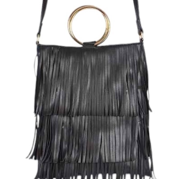 Fringe Tiered /Tassel/ Gold Hoop / Bohemian Crossbody/ Retro 70s - Black - NWT - Picture 1 of 9